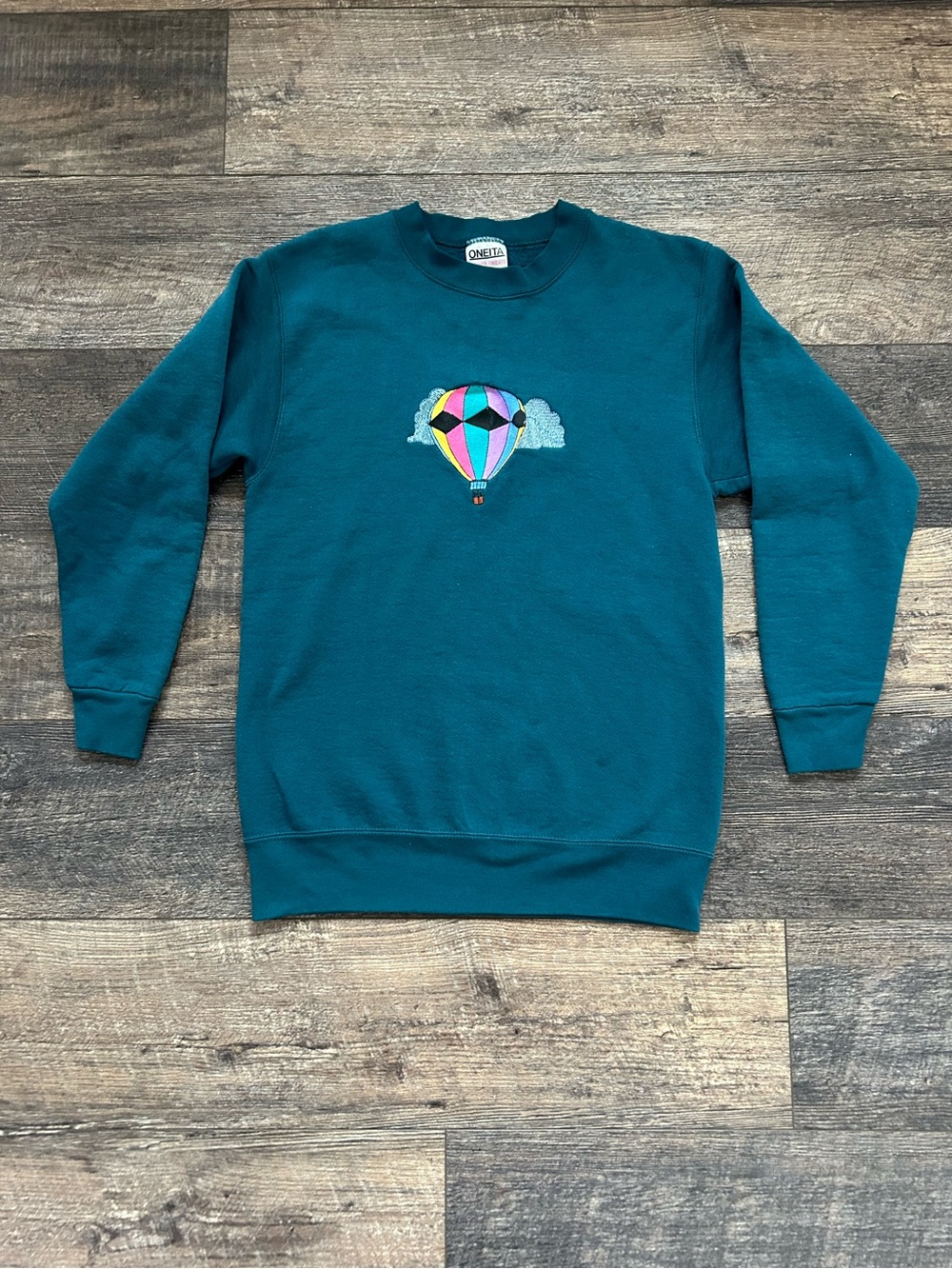 Vintage Oneita Women’s Sz Small Blue Crewneck Sweatshirt Hot Air Balloon Patch